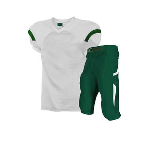 <b>White</b> V-Neck Mesh Football Jersey With Green Accents And Dark Green <b>Pants</b> Set For <b>Men</b> Adults All Seasons Moisture Wicking - Product Image 1