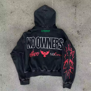 OEM qualité supérieure hommes sérigraphié sweats à capuche avec fermeture éclair et décoloration sweats à capuche personnalisés vintage lavé en détresse broderie sweat à capuche - Product Image 2