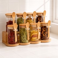 Ensemble de 8 pots à épices en verre hermétiques avec couvercles en bambou et cuillères en bois - Contenants de rangement de cuisine en borosilicate avec support