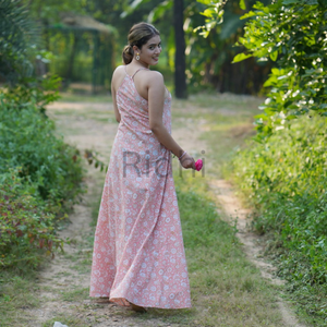 Vestido maxi de algodón puro 100% con estampado de bloques a mano rosa salmón y blanco, traje de verano bohemio para mujer, Resort y ropa de playa 2025 - Product Image 2