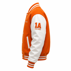 ONEAPEX Custom Orange Hooded Varsity/Letterman <b>Jacket</b> Premium Wool <b>Leather</b> Sleeves Breathable Winter OEM ODM Private Label - Product Image 3
