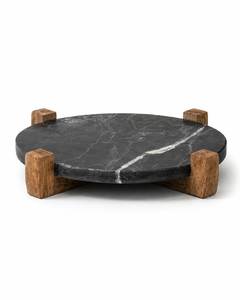 Wholesale Modern Luxury <b>Black</b> Marble Round Serving Riser <b>Tray</b> with Natural Wooden Legs for Hotel and Home Decor - Product Image 1