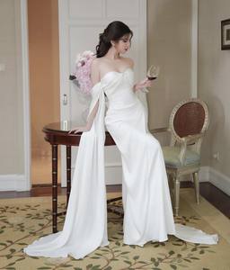 Elegant Strapless <b>White</b> Evening Gown with Draped Cape Timeless Glamour Made in Vietnam - Product Image 2