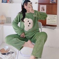 Ensemble pyjama en flanelle d'hiver pour femmes, haut et pantalon à manches longues imprimés de dessins animés, polaire corail doux, vêtements de détente à taille élastique