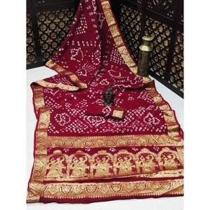 Sari de Seda Bandhej Puro con Tejido Zari, Borde Ancho y Pallu Rico, Traje Tradicional Indio de Moda, Venta al por Mayor para Mujeres - Product Image 1