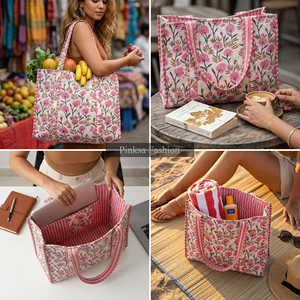 Bolso Tote de Algodón Acolchado con Estampado a Mano de Jaipur, Grande, Rosa Floral, Bolso de Playa para Mujer - Product Image 5