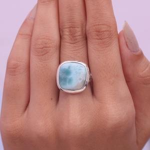 <b>Boho</b> Style 925 Sterling <b>Silver</b> Platinum Plated Oval Cut Larimar Gemstone Bezel Setting Handmade Certified Trendy Wedding <b>Ring</b> - Product Image 2