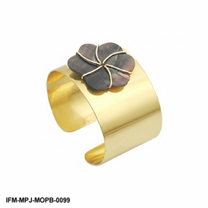 Handcrafted Brass Cuff Bangle with <b>Black</b> Mother of Pearl Flower Charm Floral Statement <b>Bracelet</b> for <b>Women</b> - Product Image 4