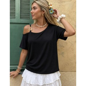 Blusa de viscosa de manga corta y un solo hombro para mujer con detalle de hebilla, 37897 - Negro - Product Image 1