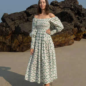 100% coton bio main bloc hors épaule robe pour les femmes avec manches longues personnalisé confortable robe grande taille - Product Image 1