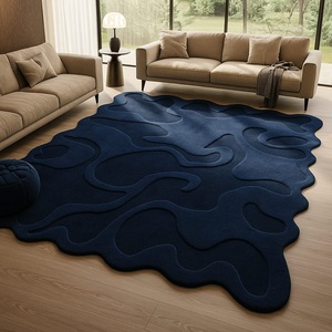 Alfombra de lana con borde ondulado irregular azul marino | Alfombra de área con mechones tallada/cortada en contorno en 3D | Alfombra moderna para sala de estar y dormitorio 1 pieza - Product Image 2