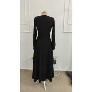 Women's Long-Sleeved Wrap-Neck Pleated Waist <b>Corset</b> Detail Long Shimmering Crepe Dress, 37323 - <b>Black</b> - Product Image 6