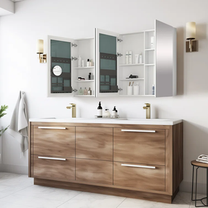 Meuble-lavabo de salle de bain Prima Modern Custom en contreplaqué <span class=keywords><strong>massif</strong></span> chêne blanc érable avec double vasque et comptoir en marbre quartz pour hôtel - Product Image 3