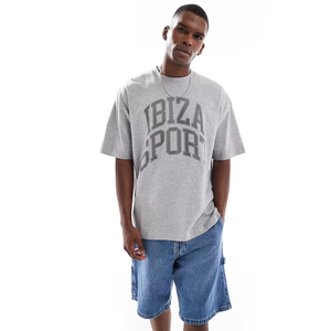 เสื้อยืดเสื้อยืดลายกราฟิกส์แนวสปอร์ตลำลองสำหรับผู้ชายเสื้อยืดพิมพ์ลายสีเทาปรับแต่งได้ทรงโอเวอร์ไซส์ไซส์0คอ OEM/ODM ขายส่งบังคลาเทศ - Product Image 1