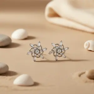 Pendientes de Botón de Oro Blanco de Moda para Mujer con Flores de Circonita Cúbica, Oro de 14K, Diamantes con Corte Pera y Princesa, Regalo de Joyería - Product Image 2
