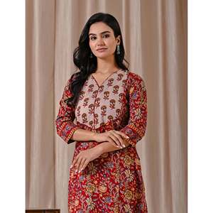 Kurti droit en coton rouge, style décontracté, pour le club ou le quotidien, respirant, imprimé Jaal, longueur au sol, design ODM - Product Image 1