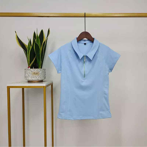 Chemise d'équitation à manches courtes pour femme en laine/coton, logo personnalisé bleu clair, anti-rétrécissement - Product Image 1