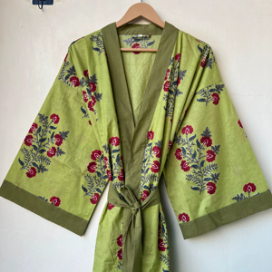 Kimono de algodón 100% con estampado de bloques, albornoz con estampado Floral, bata larga, ropa de dormir de verano, regalo Unisex de dama de honor, talla única - Product Image 1