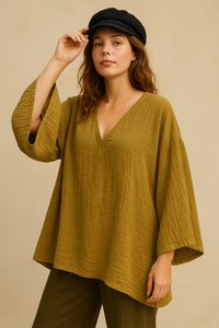 Ensemble coordonné à col en V surdimensionné pour femmes en polyester doux avec haut à manches larges et pantalon ample disponible en tailles M L XL XXL - Product Image 5