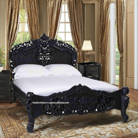 Lits français rococo faits à la main, style bois de teck massif, design antique européen, design artistique gothique, meubles noirs pour la chambre à coucher