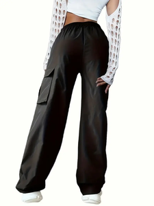 Pantalon cargo jogger uni pour femme, taille mi-haute élastique avec cordon de serrage, respirant, écologique, séchage rapide, poches à rabat, idéal pour l'été - Product Image 4