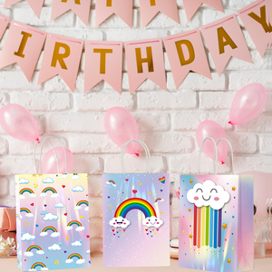 Sacs cadeaux classiques en forme de nuage arc-en-ciel avec poignées en corde de coton, en papier d'art laminé brillant, sacs à cordon pour fêtes et cadeaux d'anniversaire pour enfants - Product Image 6