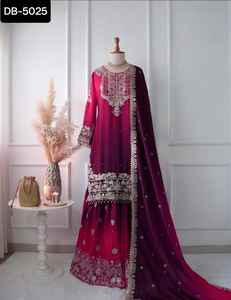 Beautiful <b>Pink</b> Partywear Straight Kurta Sharara and Dupatta Set Partywear Embroidered Pakistani Salwar Kameez for Wedding Wear - Product Image 4