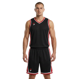 Ensemble d'uniformes de basketball unisexe noir, rouge et blanc, maillot sans manches à col en V, short respirant en polyester, imprimé par transfert thermique, pour adultes - Product Image 2