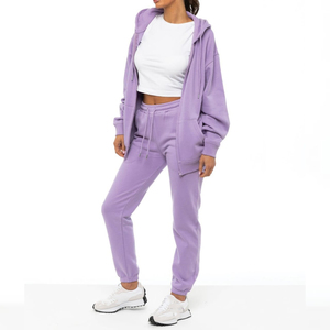 Women's Eco-Friendly Custom <b>Purple</b> Thick Cotton Fleece Zip Tracksuit Oversized Hoodie Sweatpants Solid Print Fashionable - Product Image 2