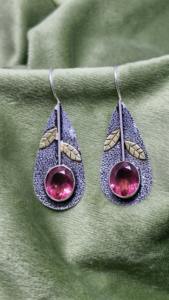 Pendientes de Plata de Ley 925 con Turmalina Rosa, Diseño de Hoja Texturizada, Joyería, Regalo para Ella - Product Image 6
