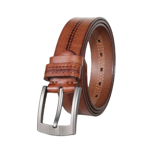 Men's Genuine Cowhide Leather <b>Belt</b> Solid Brown Formal Pin Buckle Silver Rectangular Durable One-Piece Molding - Product Image 2