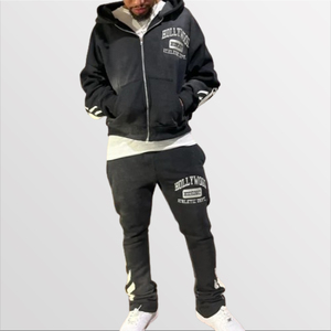 Streetwear graphique personnalisé imprimé bouffant fermeture éclair complète à capuche pantalons de survêtement 2 pièces ensemble hommes lavage à l'acide jogger ensembles 100% coton survêtement - Product Image 1