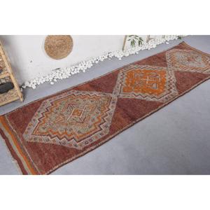 2.8x10.2 ft Vintage Rug, Turkish <b>Runner</b> Rug, <b>Red</b> Moroccan Wool Rug - Product Image 1