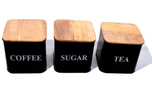 Modern Set of 3 Black Metal Wood Airtight Food Storage Containers with Lids Coffee <b>Tea</b> Sugar <b>Canister</b> Kitchen Storage Box - Product Image 2