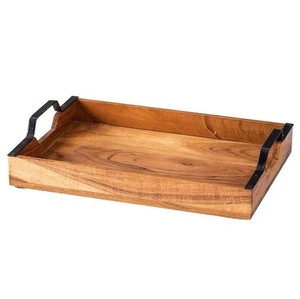 Plateau de service rectangulaire en bois avec poignées en laiton doré, plateau ottoman décoratif en bois pour la cuisine, les aliments, les boissons, les collations - Product Image 5