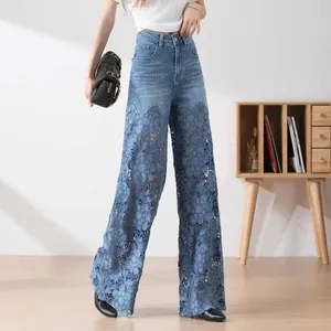 Pantalones vaqueros elegantes a la moda para mujer, pantalones holgados informales de Primavera de gran tamaño con retazos de encaje de cintura alta que combinan con todo - Product Image 4