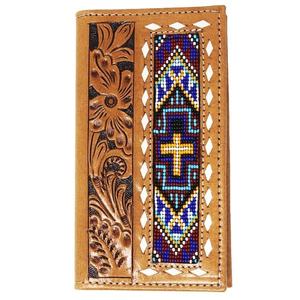 Cartera de Cuero Genuino Tallada a Mano con Cierre de Broche, Diseño Vintage con Cuentas Color Bronceado, Bloqueo RFID, Estilo Bohemio Unisex, 8x4x2 Pulgadas - Product Image 1