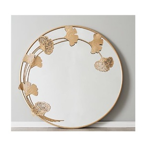 กระจกติดผนังทรงกลมลายใบแปะก๊วยสีทอง ดีไซน์หรูหราทันสมัย กรอบโลหะตกแต่งบ้าน เหมาะสำหรับห้องนั่งเล่น ทางเข้าบ้าน และห้องนอน - Product Image 1