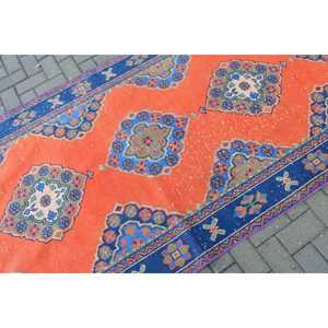 Tapis turc vintage, tapis de 4,3 x 11,3 pieds, tapis en laine patchwork orange et bleu - Product Image 5