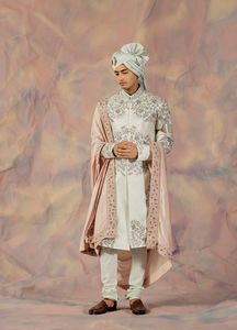 2024 Men's Suits with Decent Zari Embroidery Sherwanipant Stole & Turban Matched Shoe Embellished Crystal Glass Beads Dabka Work - Product Image 2
