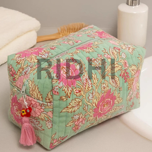 Pastel Jade with Pink Blossom Cotton Quilted Zipper Tote <b>Bag</b> Floral Block Printed Travel <b>Toiletry</b> Reusable Grocery Shopping Tote - Product Image 6