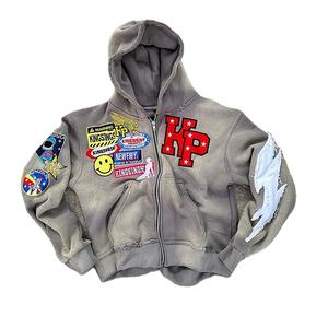 Sudadera con logotipo personalizado lavado ácido sol desteñido heavyweight Basics alta calidad térmica francés Terry Puff estampado completo con cremallera sudaderas con capucha - Product Image 2