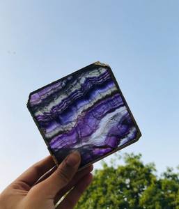 Gran púrpura fluorita ágata cristal geoda piedra cuadrada en forma de Feng Shui decoración del hogar hermoso chapado en oro Trim posavasos piedra preciosa - Product Image 4