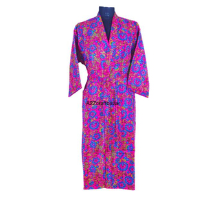 Kimono Maxi Kantha Indio Vintage Hecho a Mano para Mujer, Estilo Veraniego con Estampado Floral, Cuello en V, Cierre con Cordón, 100% Algodón, Secado Rápido y Transpirable - Product Image 2