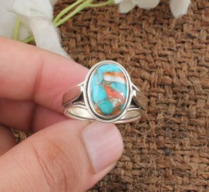 Bague en argent terni de Style Vintage fait à la main avec huître cuivre Turquoise pierre précieuse forme ovale bague de mariage en pierre pour les femmes - Product Image 2