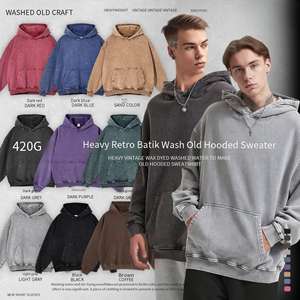 Sudaderas Extra Grandes de Algodón Retro de 420 g para Hombre, Lavadas al Ácido, con Logotipo en Relieve, Estilo Casual, Temporada de Otoño, Técnicas de Teñido Sólido - Product Image 2