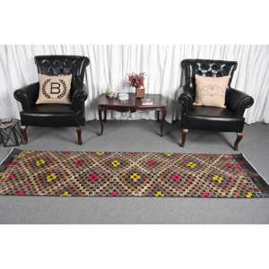 Alfombra turca Kilim de 2.4x9 pies, alfombra vintage, alfombra de lana con diseño de plantas y árboles marrones - Product Image 2