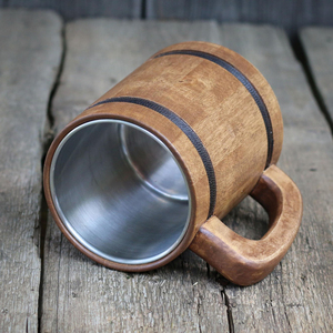 Produit le plus vendu bois naturel brillant poli taille personnalisée tasse en acier inoxydable tasse à bière en bois avec poignée vaisselle but - Product Image 1