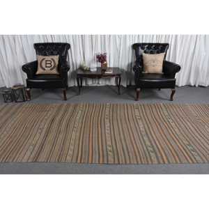 Vintage Kilim Runner Rug 4.8x12 ft (145x365 cm), Turkish <b>Brown</b> Check <b>Wool</b> Rug - Product Image 2