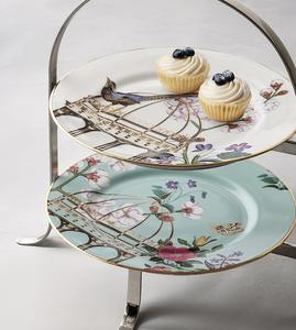 Élégant support à gâteau à 2 niveaux en métal avec poignée en métal argenté, plateau à gâteau en porcelaine à motif floral d'oiseaux pour un service de thé de luxe, cadeau - Product Image 2